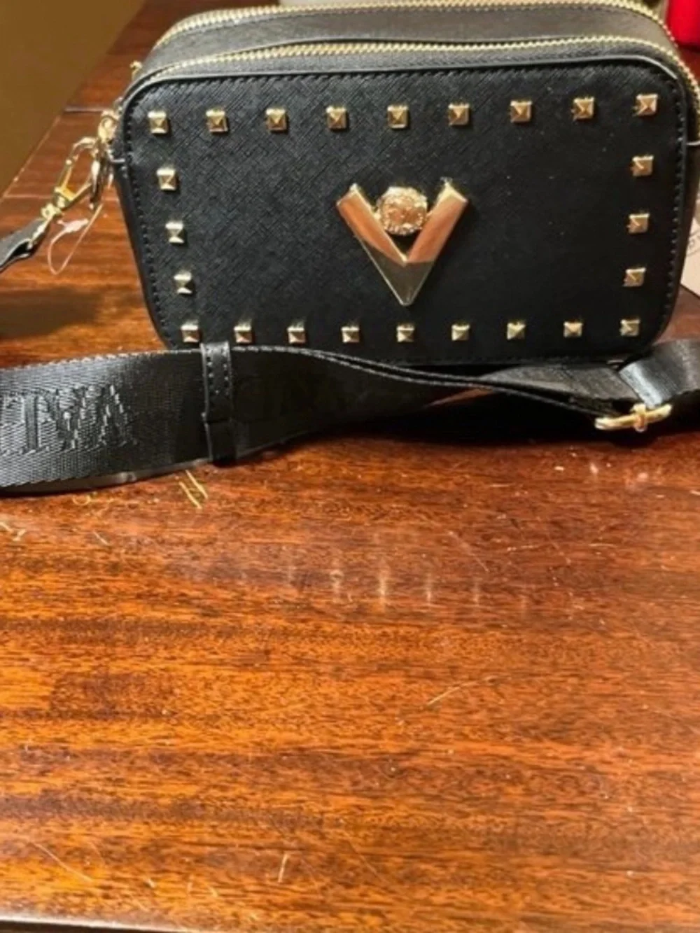 NWT Valentino Orlandi Black Gold Studded Textured Crossbody Camera Bag Purse